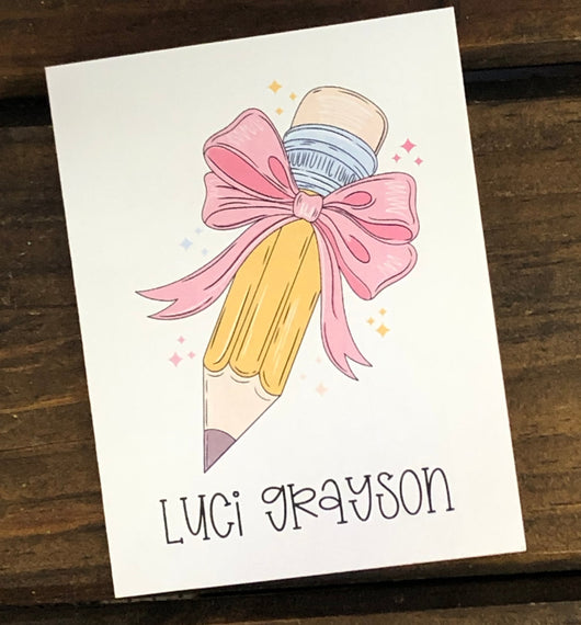 Pencil with Bow Personalized Note Cards