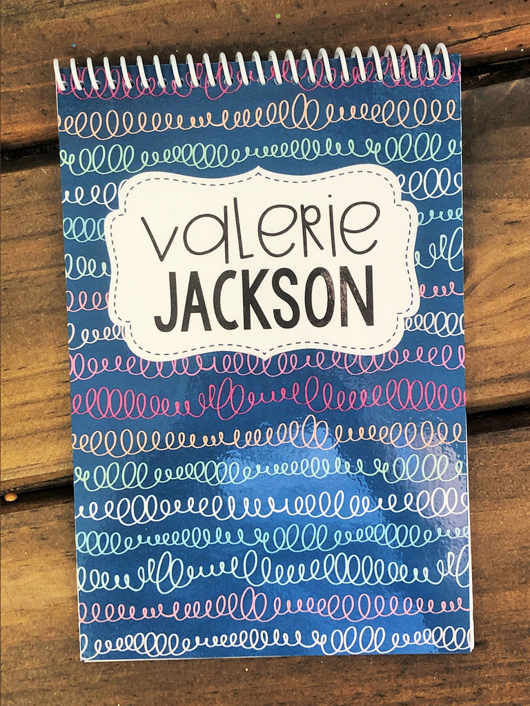 Navy Squiggle Lines Personalized Top Spiral Steno Notebook