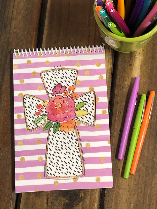 RTS: Cross with Flowers Purple Stripe Top Spiral Notebook