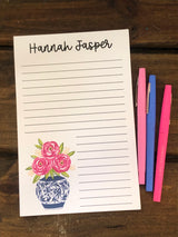 Pink Flowers Blue Vase Personalized Notepad