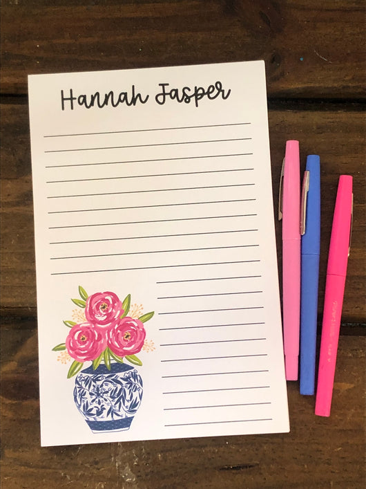 Pink Flowers Blue Vase Personalized Notepad