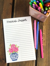 Pink Flowers Blue Vase Personalized Notepad