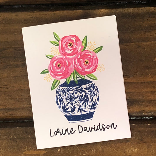 Pink Flowers in Blue Vase Personalized Note Cards