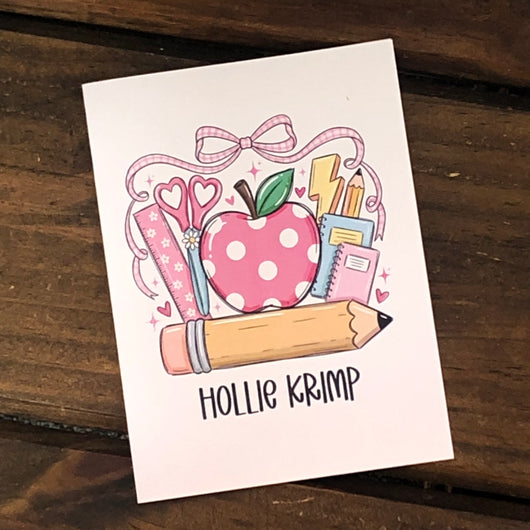School Supplies with Bow Personalized Note Cards