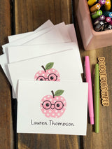 Pink Polka Dot Apple with Glasses Personalized Note Cards