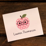 Pink Polka Dot Apple with Glasses Personalized Note Cards