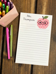 Pink Polka Dot Apple with Glasses Personalized Notepad