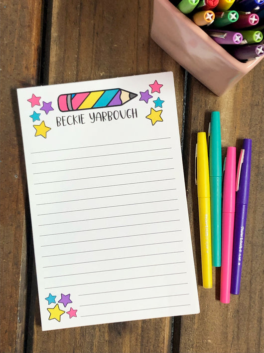 Bright Striped Pencil with Stars Personalized Notepad