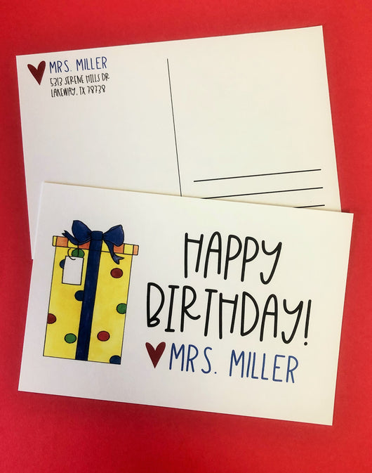 Yellow Gift Happy Birthday Personalized Teacher Postcards