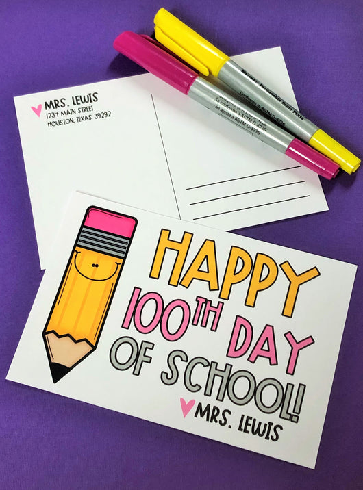 Smiley Pencil 100th Day Personalized Teacher Postcards