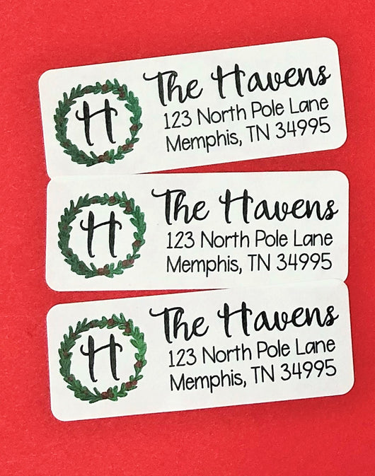 Wreath Script Name Christmas Address Labels