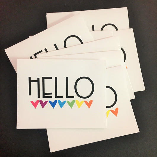 Hello with Rainbow Hearts Folded Note Cards